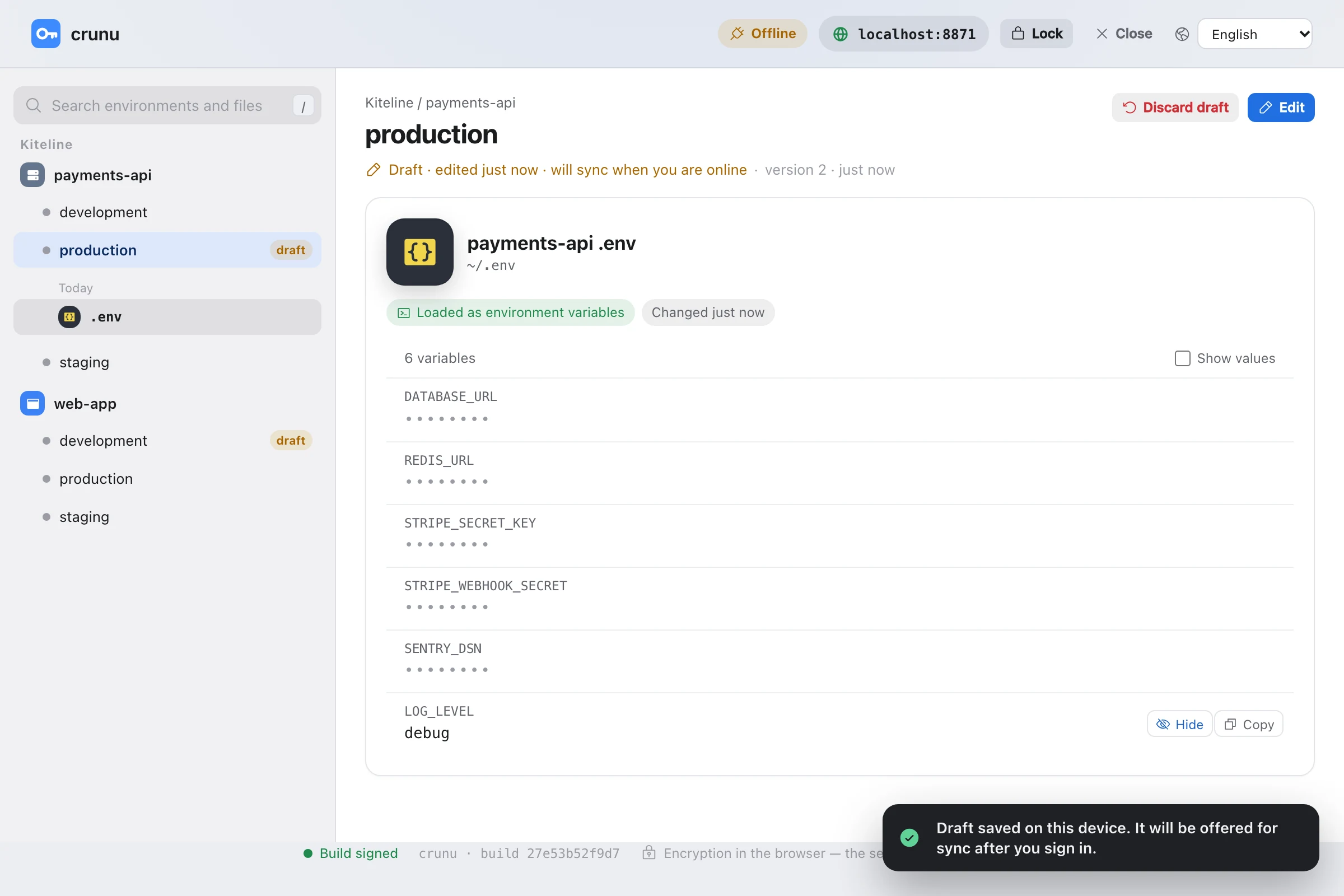 The offline vault opened without the server: the Offline mark, payments-api production marked draft, LOG_LEVEL changed to debug, and the message Draft saved on this device