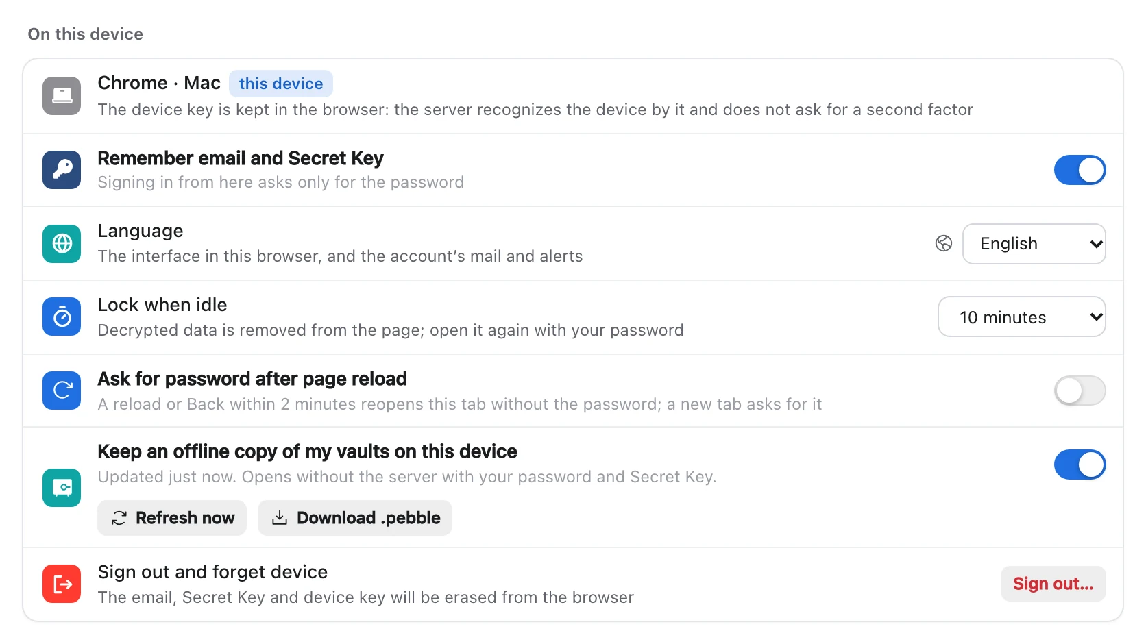 Account, Profile, the On this device group: Keep an offline copy of my vaults on this device is on, updated just now, with Refresh now and Download .pebble