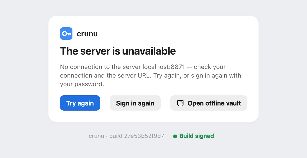 The server is unavailable: no connection to the server, with Try again, Sign in again and Open offline vault
