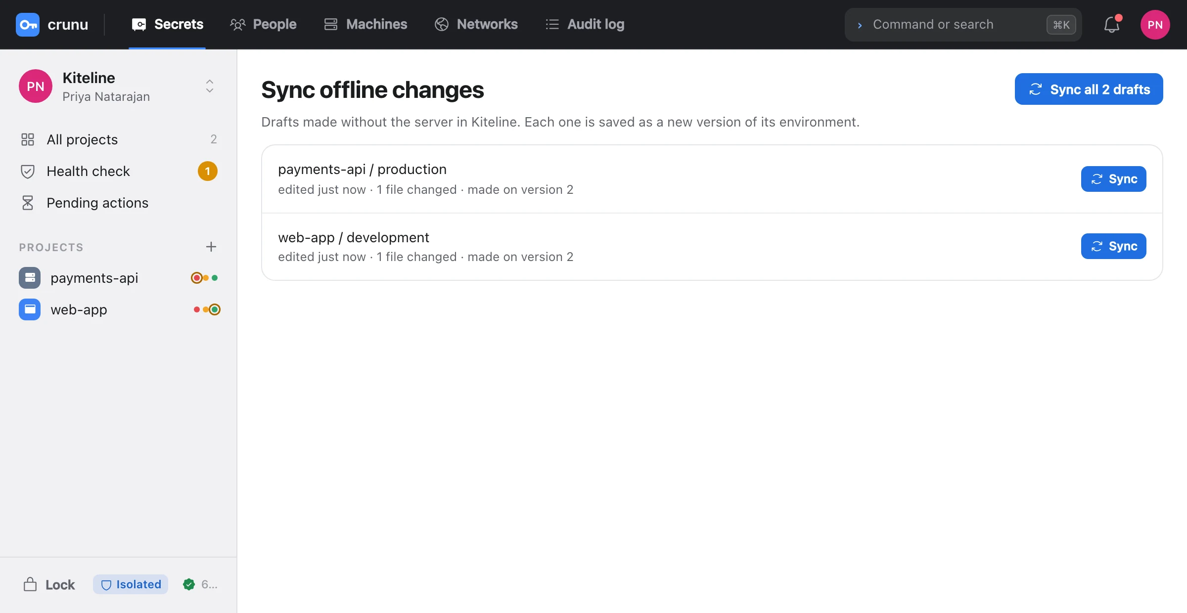 Sync offline changes for Kiteline: drafts for payments-api production and web-app development, each with a Sync button, and Sync all 2 drafts
